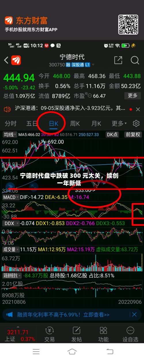 宁德时代盘中跌破 300 元大关	，续创一年新低-第1张图片